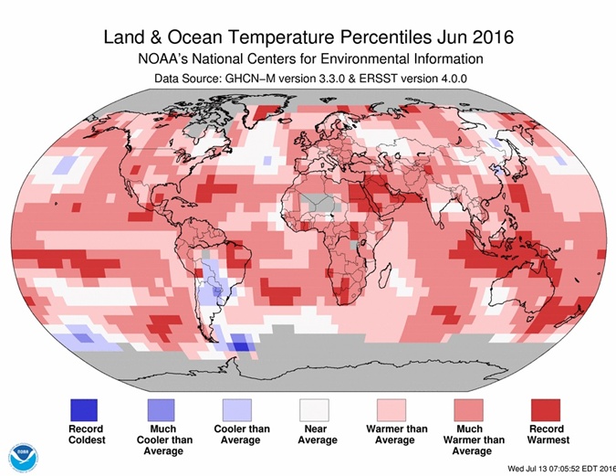 NOAA: июнь 2016 г. опять стал рекордно жарким с 1880 года
